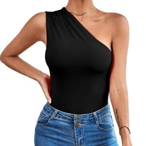 One shoulder bodysuit L black bodycon top leotard ruched asymmetrical party new